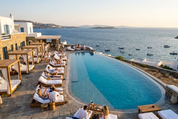 Wide aerial view of the SÉLAS pool terrace and sea horizon Wide aerial view of the SÉLAS pool terrace and sea horizon