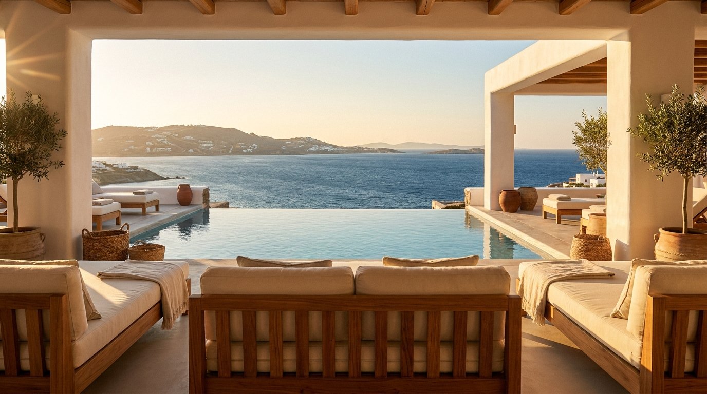 View from inside the SÉLAS lounge looking out over teak daybeds, the infinity pool, and the deep-blue Aegean View from inside the SÉLAS lounge looking out over teak daybeds, the infinity pool, and the deep-blue Aegean