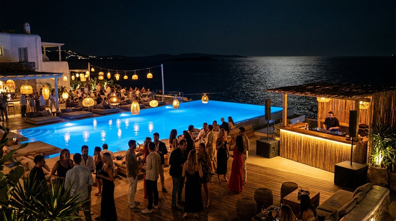 SÉLAS at night: glowing pool, a crowd dancing, warm amber lights, and the DJ booth in the distance SÉLAS at night: glowing pool, a crowd dancing, warm amber lights, and the DJ booth in the distance