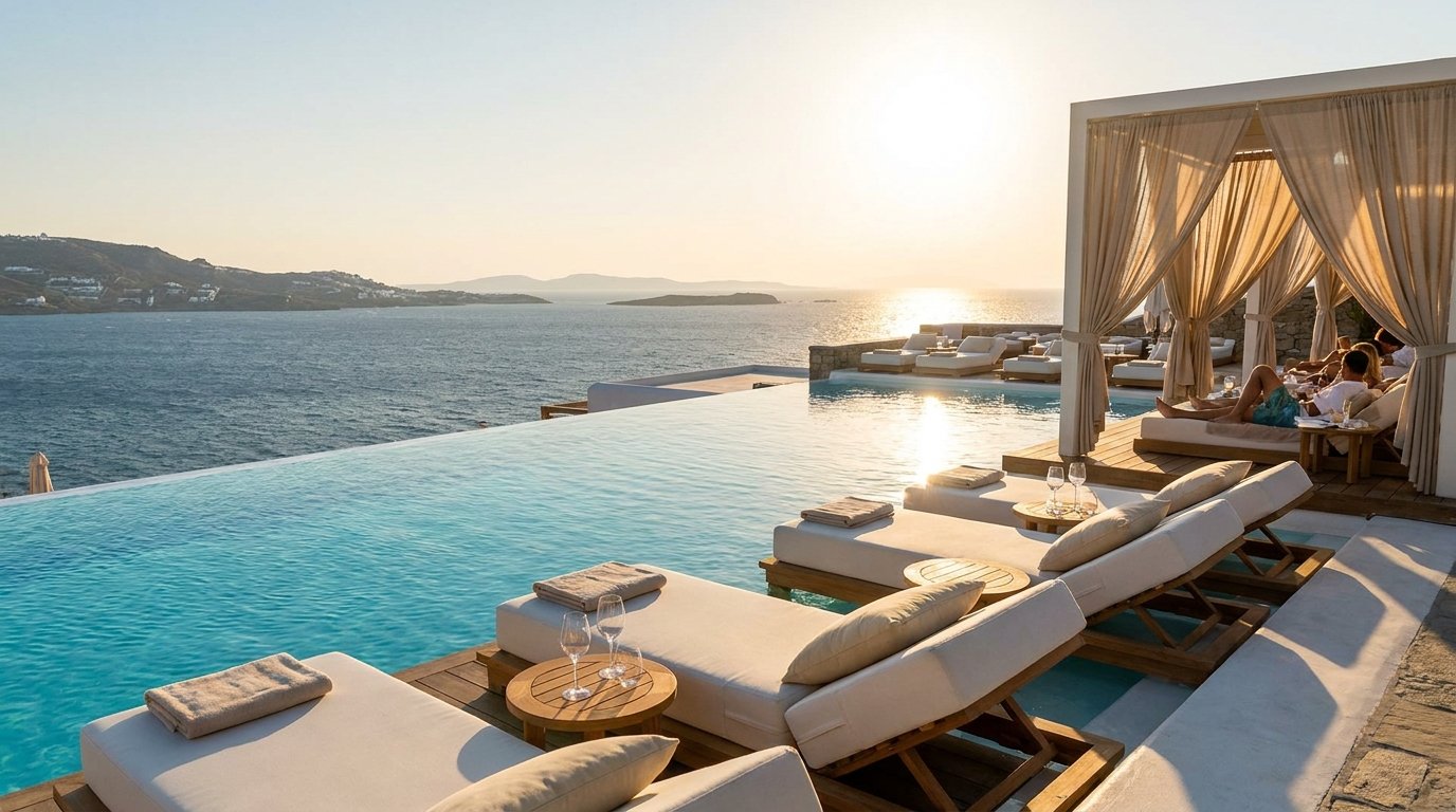 SÉLAS infinity pool at golden hour with luxury sunbeds and cabanas overlooking the Aegean Sea SÉLAS infinity pool at golden hour with luxury sunbeds and cabanas overlooking the Aegean Sea