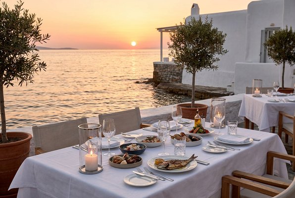 Elegant dining table set by the water’s edge at sunset at SÉLAS restaurant Elegant dining table set by the water’s edge at sunset at SÉLAS restaurant