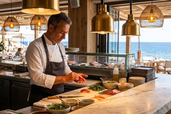 SÉLAS chef preparing sushi at the raw bar counter SÉLAS chef preparing sushi at the raw bar counter